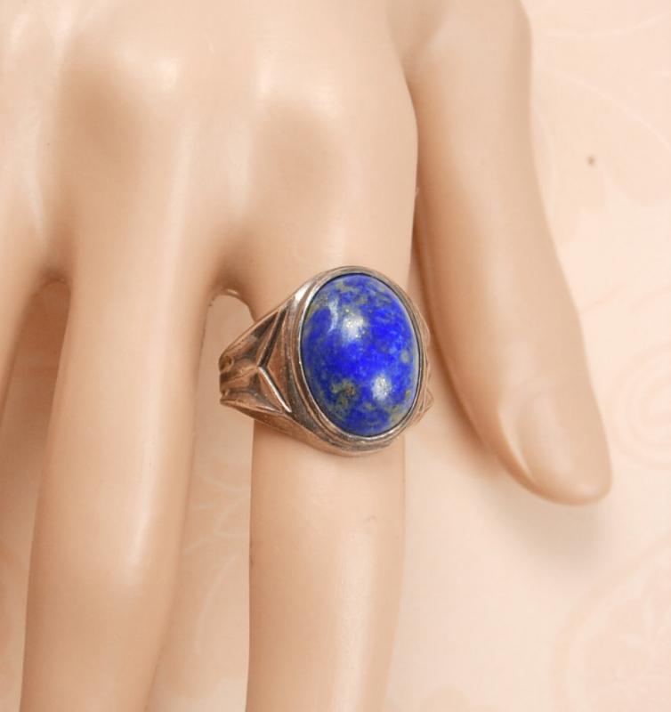 Vintage Deco Lapis Signed Sterling ring Wide settings Size 9 1/2