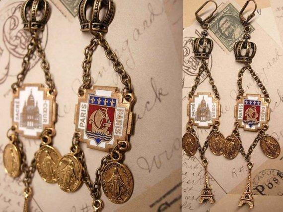 Romantic Paris Enamel Drop earrings with Eiffel Tower and sacred heart medals