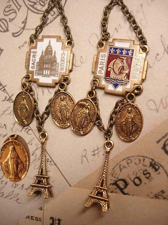 Romantic Paris Enamel Drop earrings with Eiffel Tower and sacred heart medals