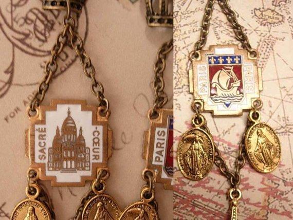 Romantic Paris Enamel Drop earrings with Eiffel Tower and sacred heart medals