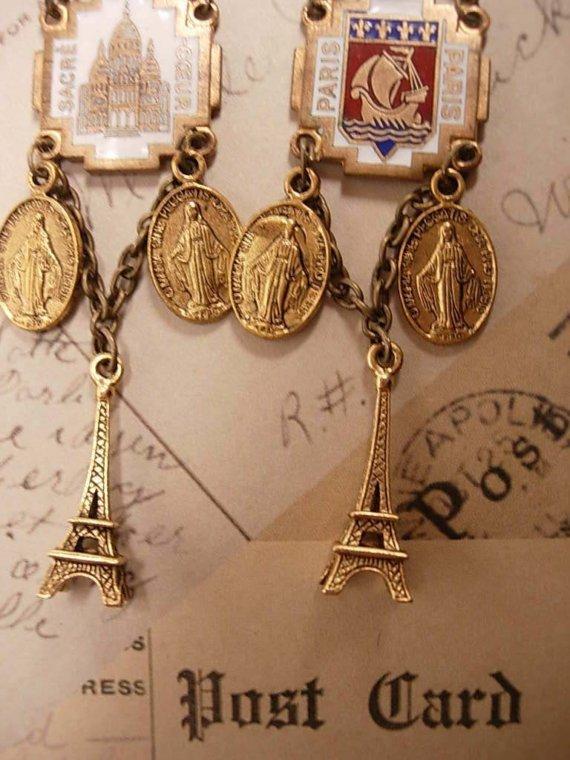 Romantic Paris Enamel Drop earrings with Eiffel Tower and sacred heart medals