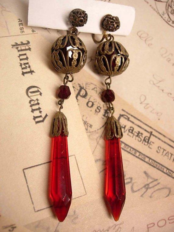 30's RED glass Drop earrings with fancy old filigree