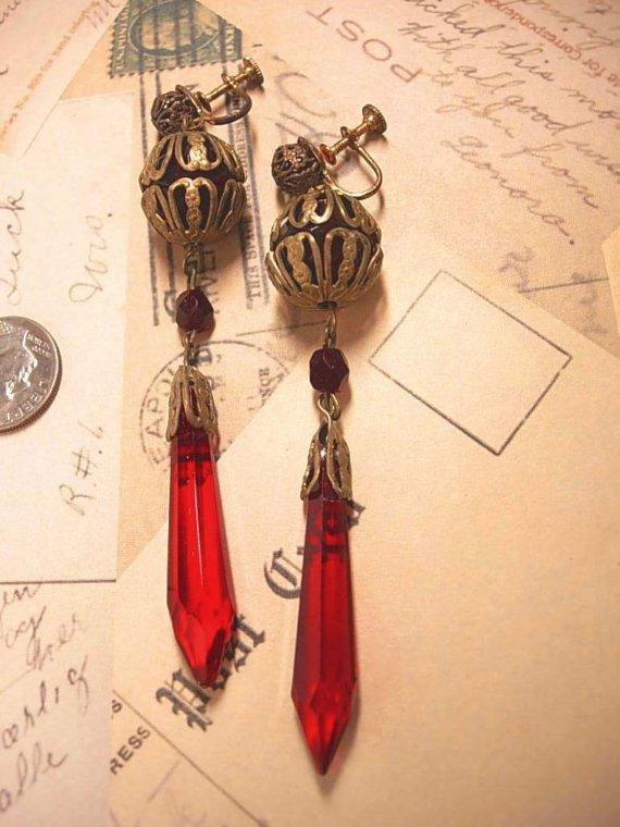 30's RED glass Drop earrings with fancy old filigree