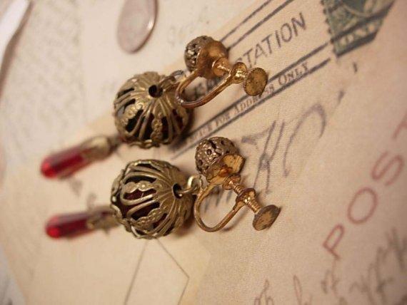 30's RED glass Drop earrings with fancy old filigree
