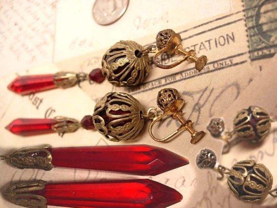 30's RED glass Drop earrings with fancy old filigree
