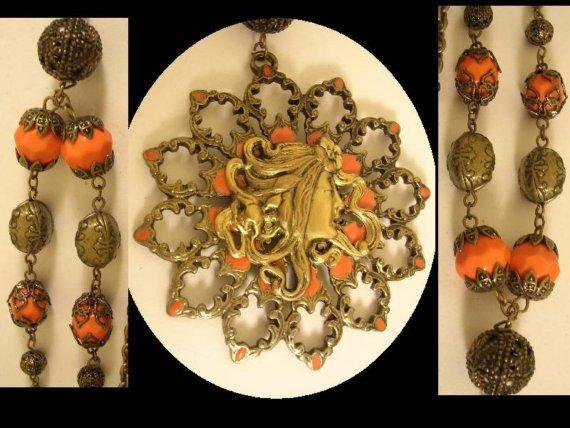 Exotic Medussa GOddess coral enamel Mucha woman necklace