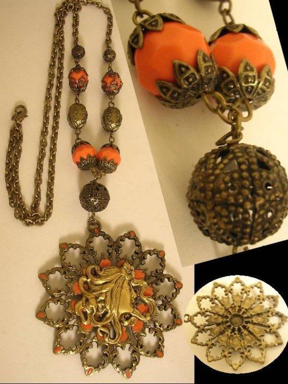 Exotic Medussa GOddess coral enamel Mucha woman necklace