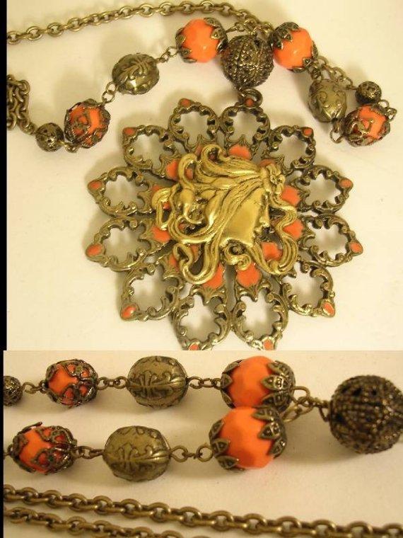 Exotic Medussa GOddess coral enamel Mucha woman necklace