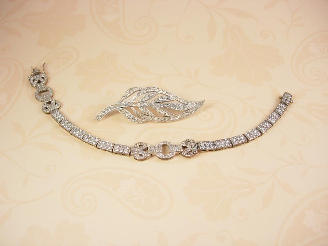 Sterling Art Deco Bracelet and Brooch Pave rhinestones