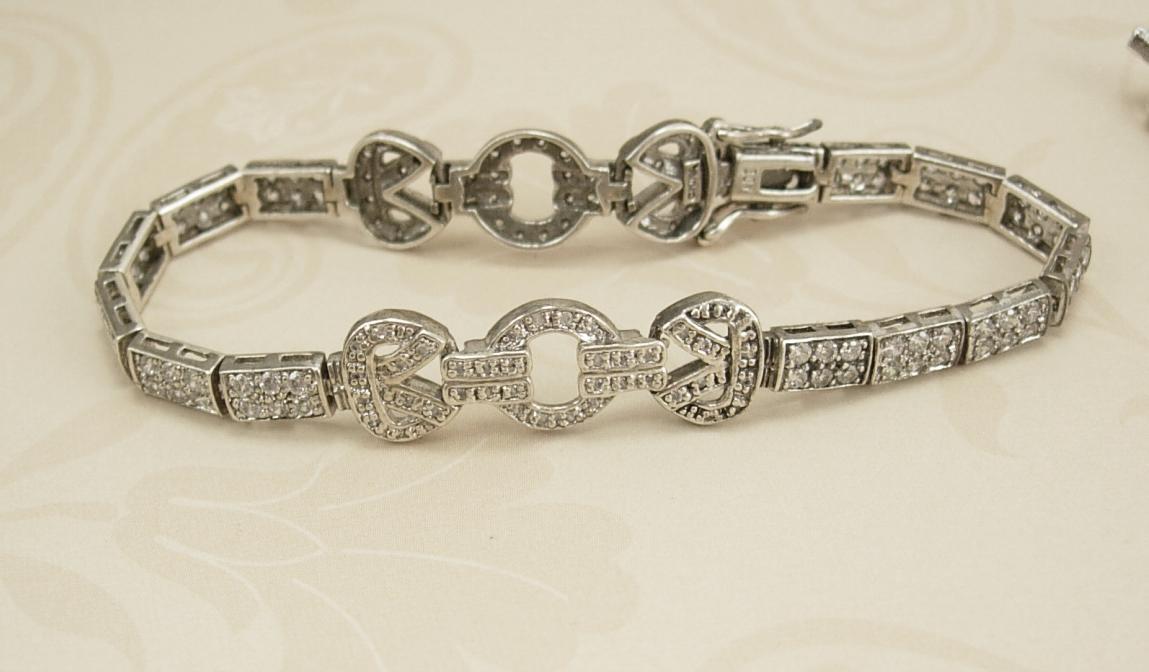 Sterling Art Deco Bracelet and Brooch Pave rhinestones