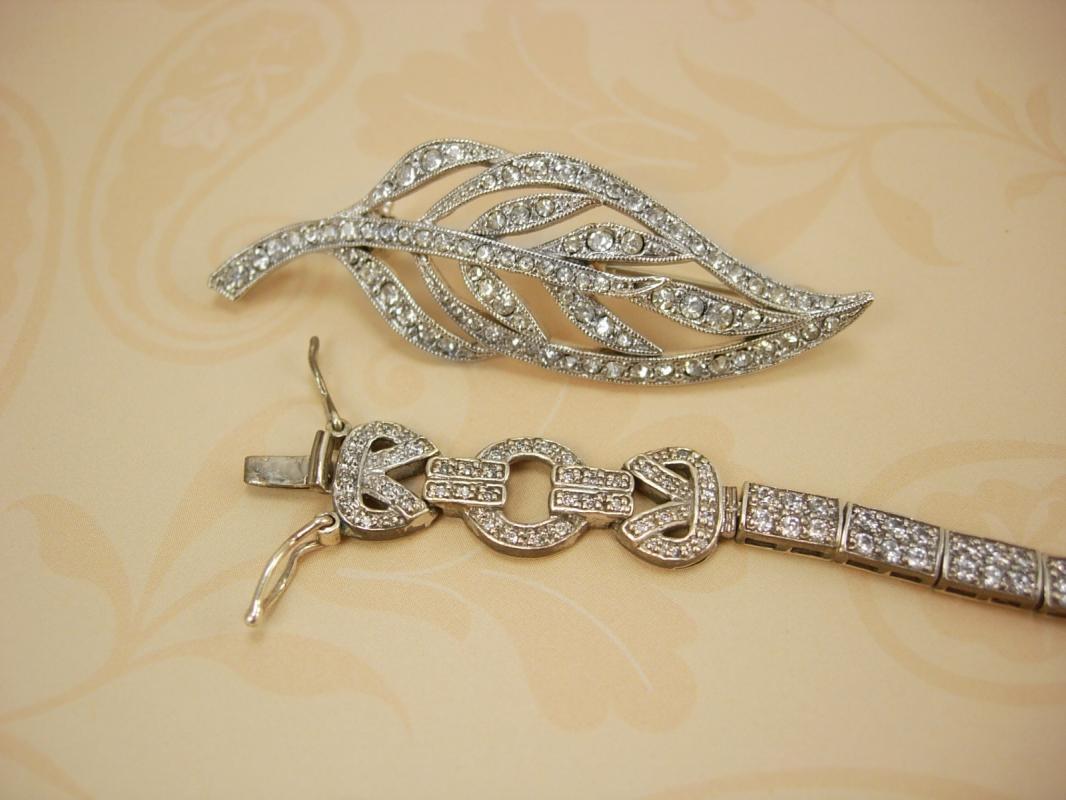 Sterling Art Deco Bracelet and Brooch Pave rhinestones