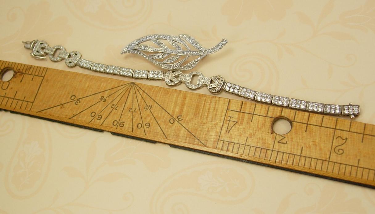 Sterling Art Deco Bracelet and Brooch Pave rhinestones