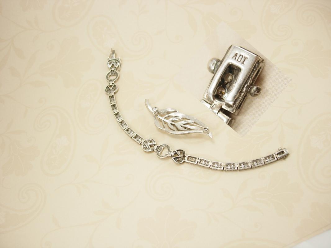Sterling Art Deco Bracelet and Brooch Pave rhinestones