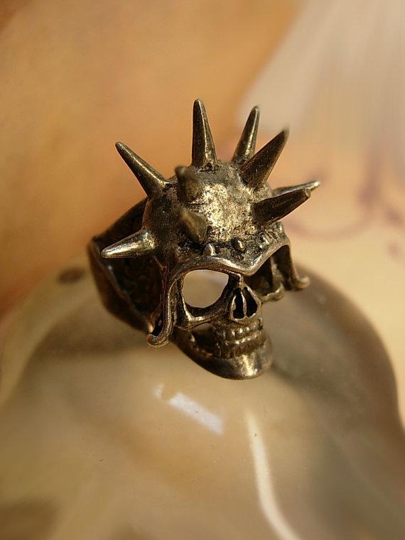 Huge Gothic Skull ring sterling with spiked on his helmet