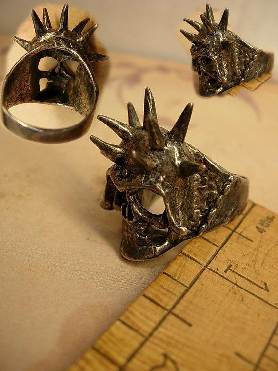 Huge Gothic Skull ring sterling with spiked on his helmet