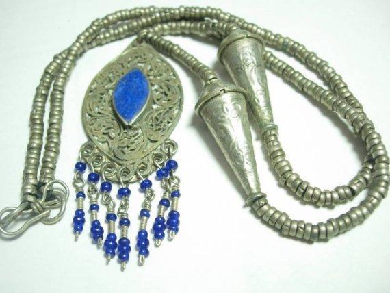 VIntage Bohemian Chic Lapis fringe necklace fancy hand wrought beads