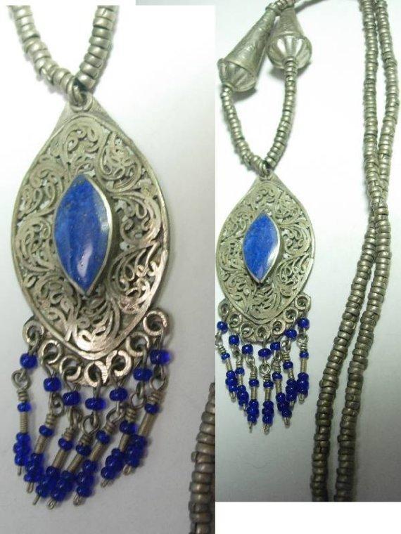 VIntage Bohemian Chic Lapis fringe necklace fancy hand wrought beads