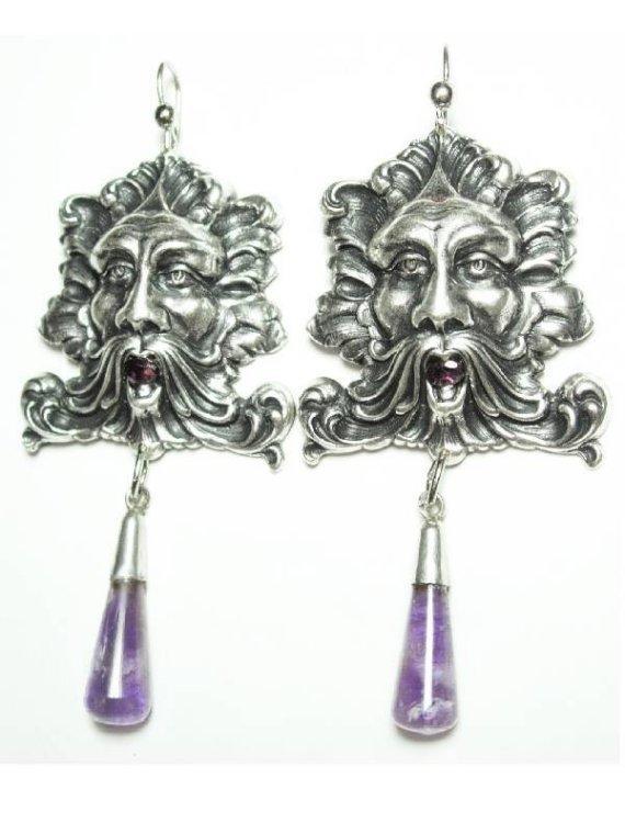 8CT genuine amethyst Bacchus medieval huge nouveau style drop earrings