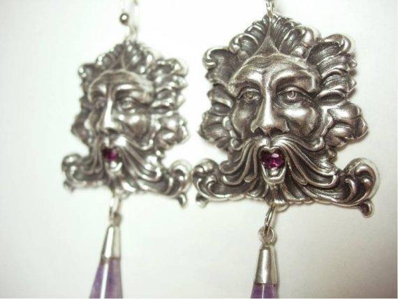 8CT genuine amethyst Bacchus medieval huge nouveau style drop earrings