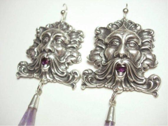 8CT genuine amethyst Bacchus medieval huge nouveau style drop earrings