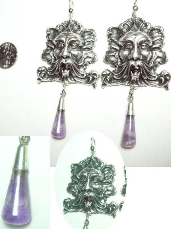 8CT genuine amethyst Bacchus medieval huge nouveau style drop earrings