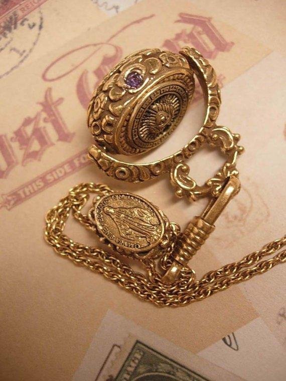 Medusa Flip fob jeweled SLide necklace with miraculous medal