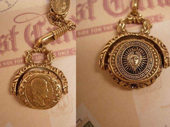 Medusa Flip fob jeweled SLide necklace with miraculous medal
