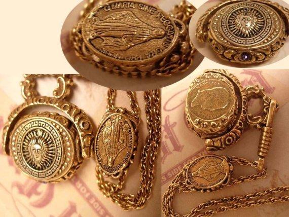 Medusa Flip fob jeweled SLide necklace with miraculous medal