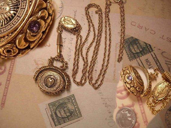 Medusa Flip fob jeweled SLide necklace with miraculous medal