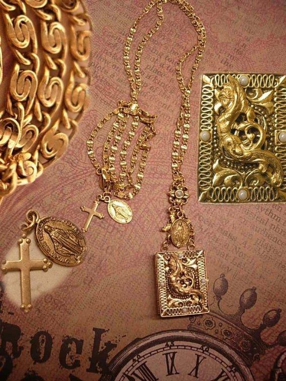 Mermaid Locket necklace Forget me not religious cross & medal gold filled Chain fob charms book locket pearls from the sea