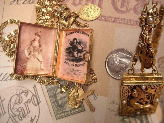 Mermaid Locket necklace Forget me not religious cross & medal gold filled Chain fob charms book locket pearls from the sea