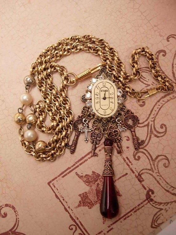 Jeweled Gypsy Gothic Steampunk Drop Necklace with keys to the castle