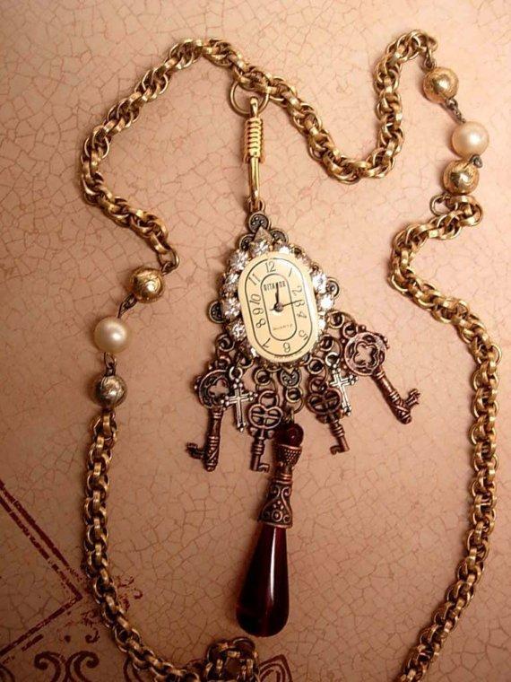 Jeweled Gypsy Gothic Steampunk Drop Necklace with keys to the castle