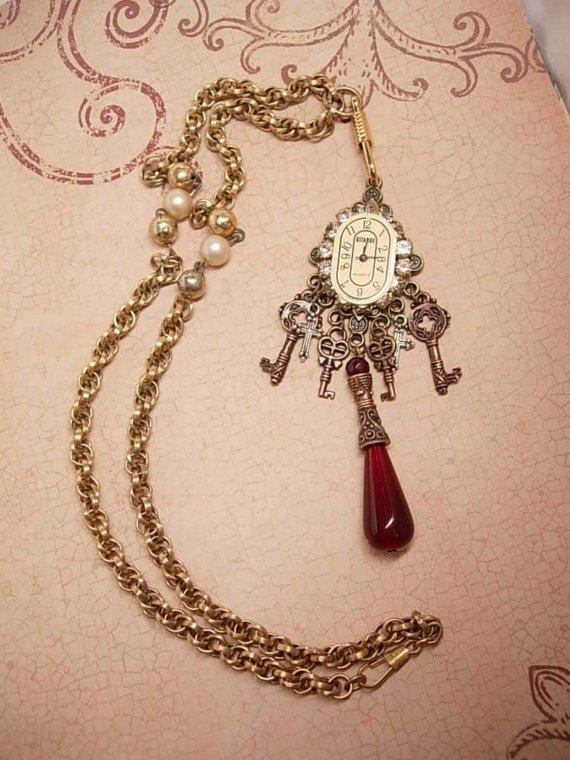Jeweled Gypsy Gothic Steampunk Drop Necklace with keys to the castle