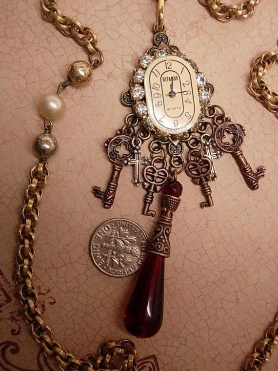 Jeweled Gypsy Gothic Steampunk Drop Necklace with keys to the castle