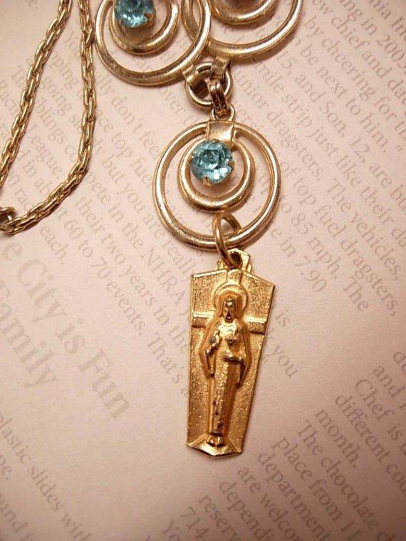 Gold filled OUR Lady Gilt MEdal jeweled vintage necklace