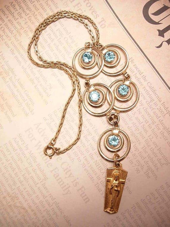 Gold filled OUR Lady Gilt MEdal jeweled vintage necklace