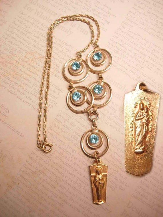 Gold filled OUR Lady Gilt MEdal jeweled vintage necklace