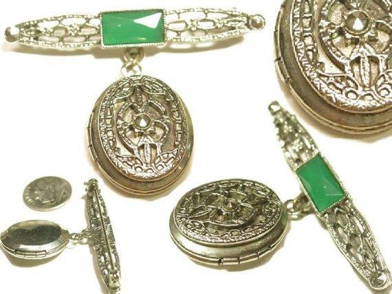 Vintage Marcasite Chrysoprase art deco hanging locket brooch