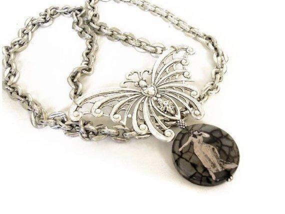 HUGE Bizarre Cleopatra Gothic Spider stone Butterfly reversible necklace
