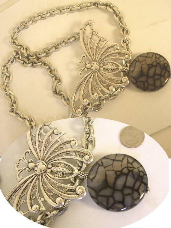 HUGE Bizarre Cleopatra Gothic Spider stone Butterfly reversible necklace