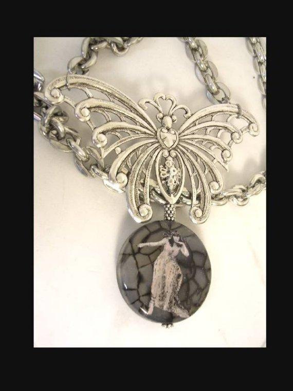 HUGE Bizarre Cleopatra Gothic Spider stone Butterfly reversible necklace