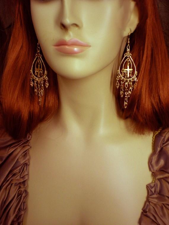 Gothic MEdieval chandelier Cross drop rhinestone earrings