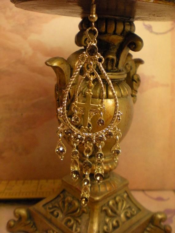 Gothic MEdieval chandelier Cross drop rhinestone earrings