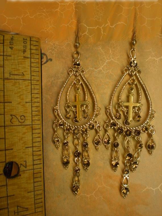 Gothic MEdieval chandelier Cross drop rhinestone earrings