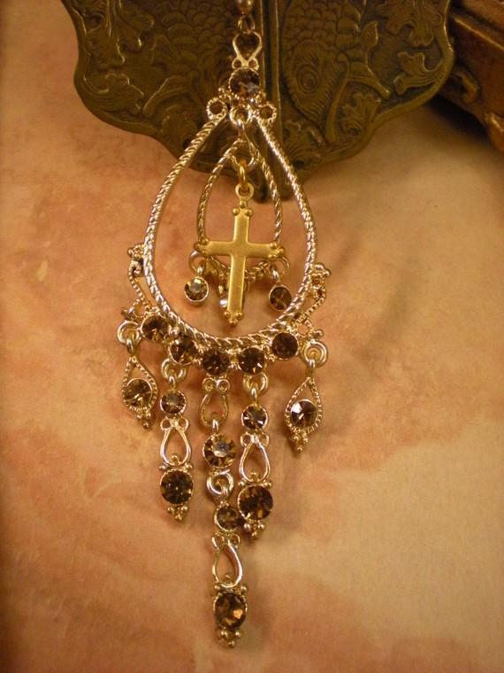 Gothic MEdieval chandelier Cross drop rhinestone earrings
