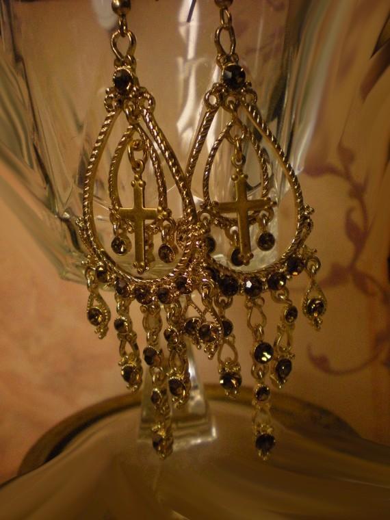 Gothic MEdieval chandelier Cross drop rhinestone earrings