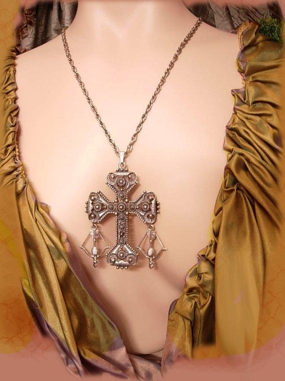 Vintage Medieval OPAL Knights HUGE Etruscan chandelier Gothic cross necklace