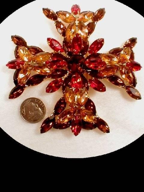 4 INCH Huge BROOCH Maltese Cross Marquise layered rhinestones STUNNING