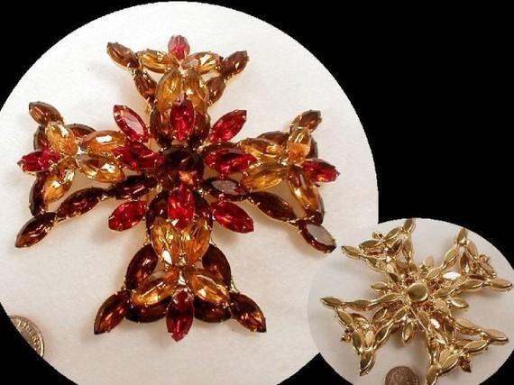 4 INCH Huge BROOCH Maltese Cross Marquise layered rhinestones STUNNING